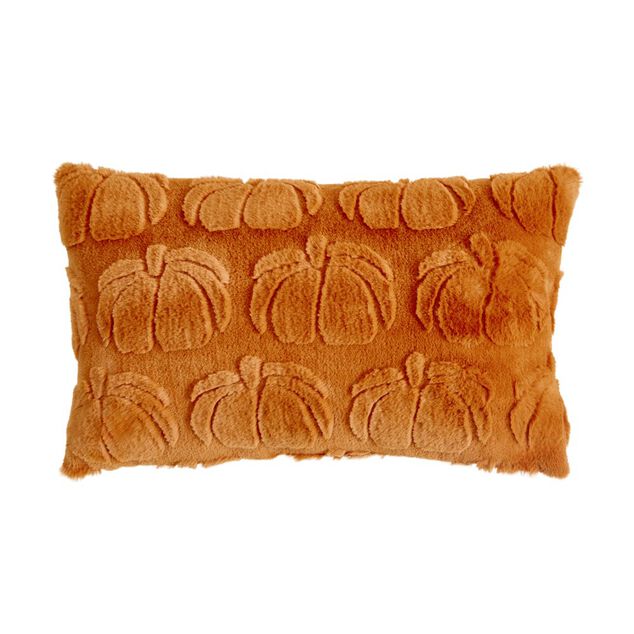 Coussin rectangulaire velours citrouilles en relief uni orange 30x50cm