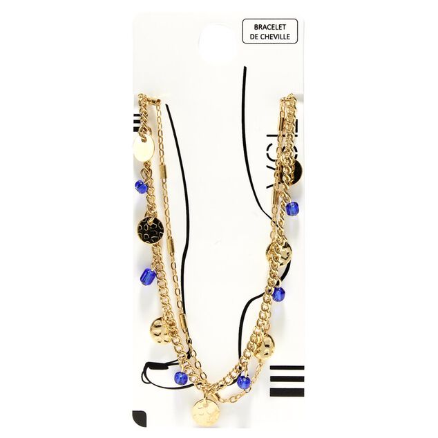 Cha&icirc;ne de cheville dor&eacute;e 2 rangs avec pendentifs et perles