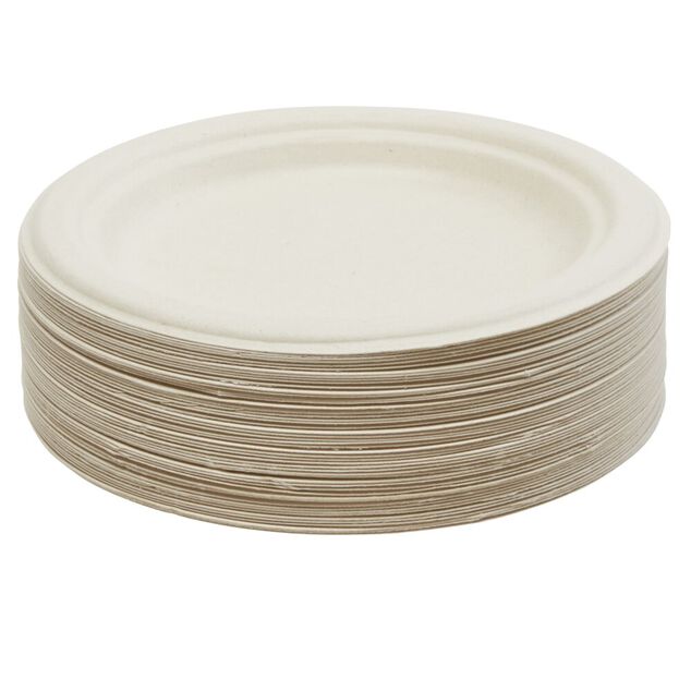 Lot de 50 assiettes &agrave; dessert rondes jetables en canne &agrave; sucre