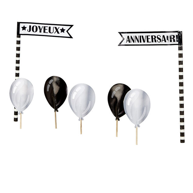 Décoration gâteau Joyeux anniversaire et ballons noirs et gris