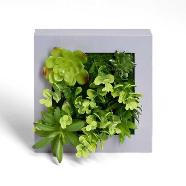 Plante artificielle d&eacute;coration murale cadre bois gris 20x20cm