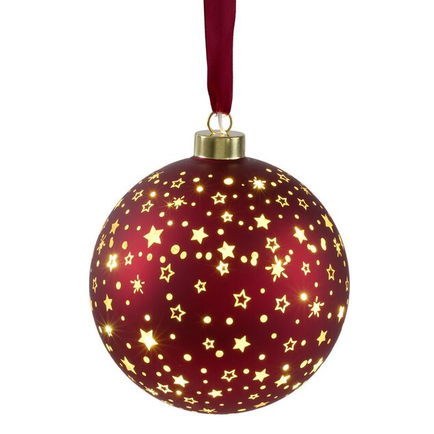 Boule de No&euml;l lumineuse &agrave; suspendre 15 LED verre rouge dor&eacute; &Oslash;14cm