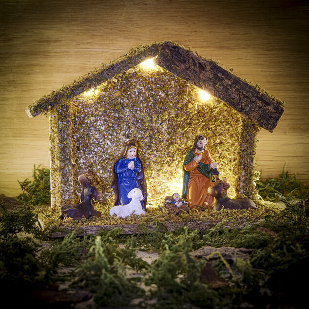 Crèche de Noël en bois et mousse avec personnages et lumière H13cm