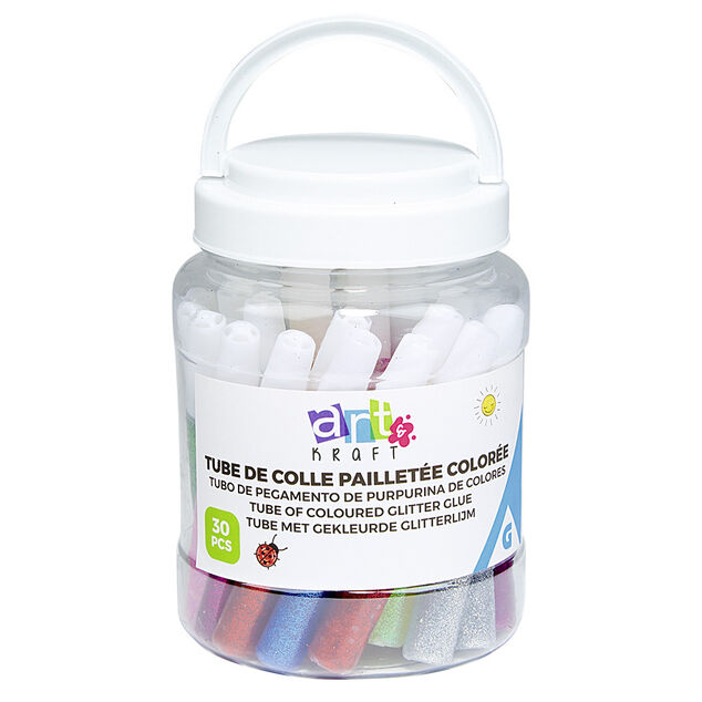 Baril Cr&eacute;atif tubes de colle paillet&eacute;e color&eacute;e 30 pi&egrave;ces
