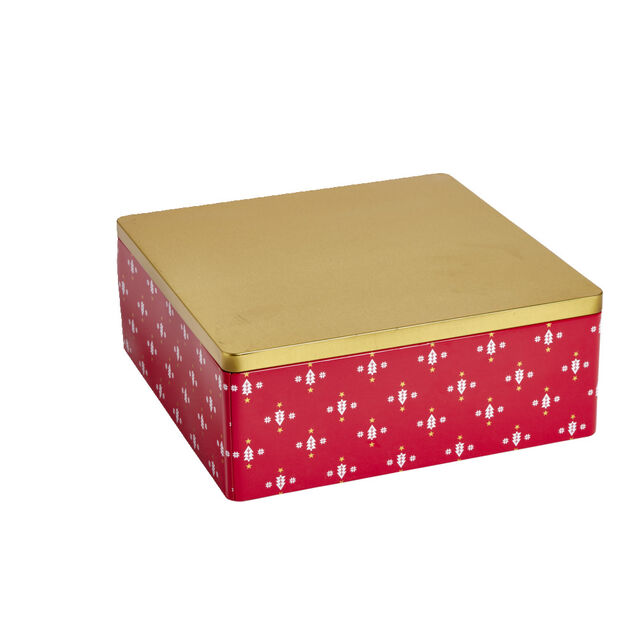 Boîte alimentaire carrée motif Noël métal rouge et dorée 26x26xH10cm