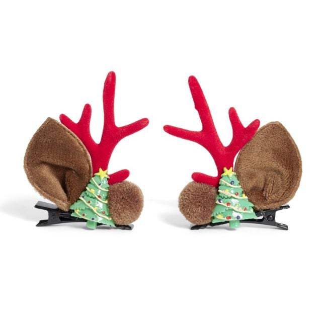 Pince cheveux No&euml;l renne marron et rouge L7xH5cm