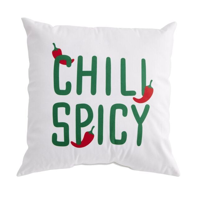 Coussin carr&eacute; inscription Chili Spicy motif piment blanc vert rouge 40x40cm
