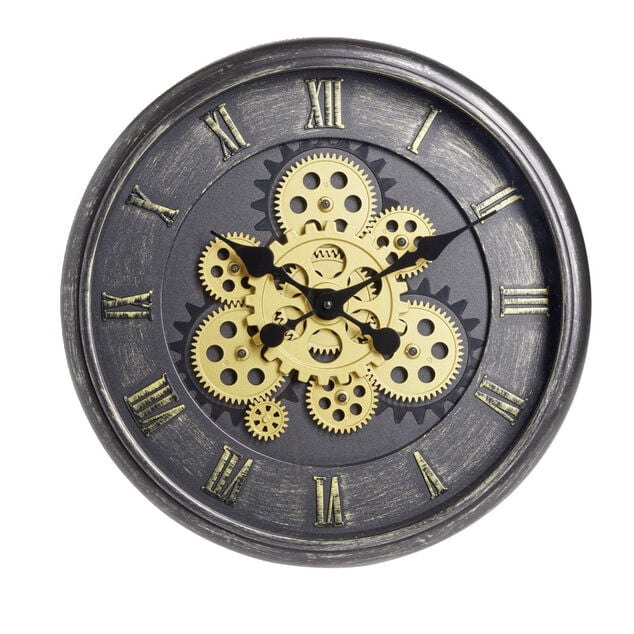 Horloge ronde motif engrenage plastique noir et dor&eacute; &Oslash;40cm