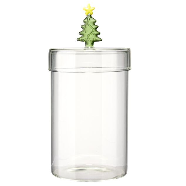 Bocal alimentaire avec couvercle verre transparent L10X10XH16 cm (3 mod&egrave;les noeud/pain d'&eacute;pice/sapin)