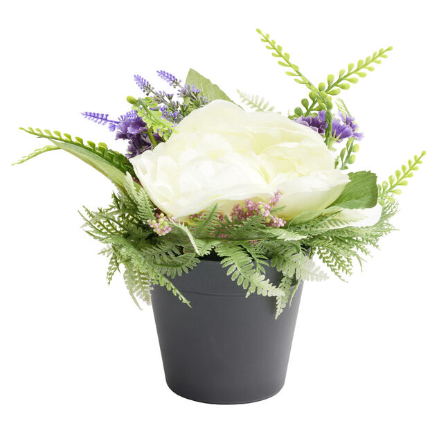 Composition florale artificielle pot pivoine/lavande/fougère H26cm