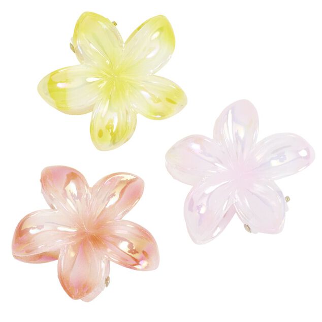 Pince cheveux x3 mini fleur de tiar&eacute; nacr&eacute; plastique jaune rose orange L5cm
