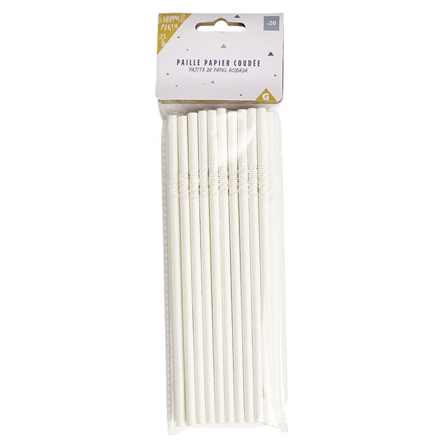 Paille papier coud&eacute;e blanche x20 - &Oslash;0,6 x H19,7cm
