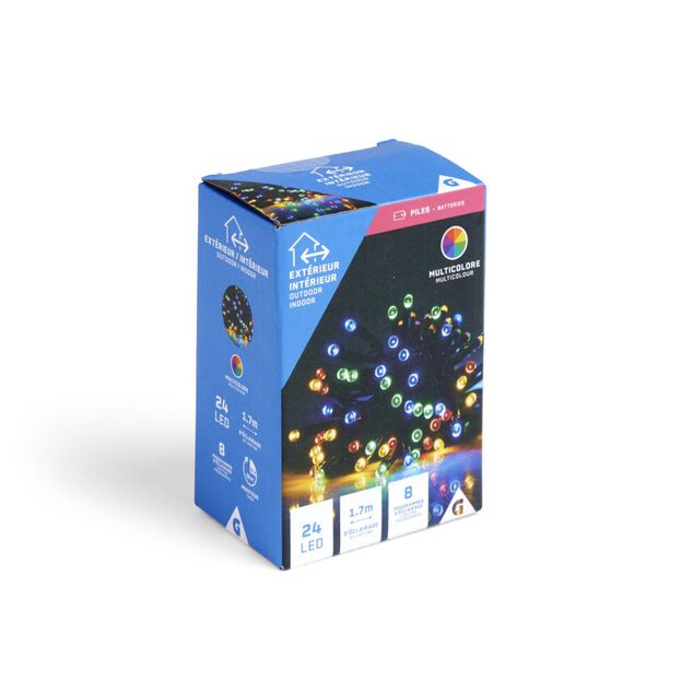 Guirlande lumineuse ext&eacute;rieure 24LED multicolores &agrave; piles 1,7m