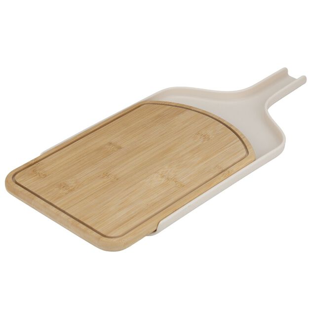 Planche &agrave; d&eacute;couper 2en1 bambou et support plastique coulissant blanc 21x42cm