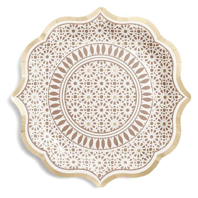 Lot de 6 assiettes en carton &Oslash;26cm d&eacute;cor oriental blanc et dor&eacute;