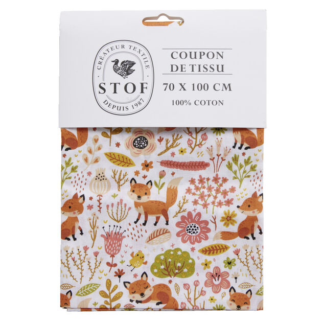 Coupon tissu imprim&eacute; Foxy Roux 70x100cm coton blanc, rose et orange