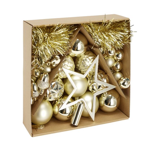Kit d&eacute;coration sapin de No&euml;l plastique dor&eacute; 40 pi&egrave;ces