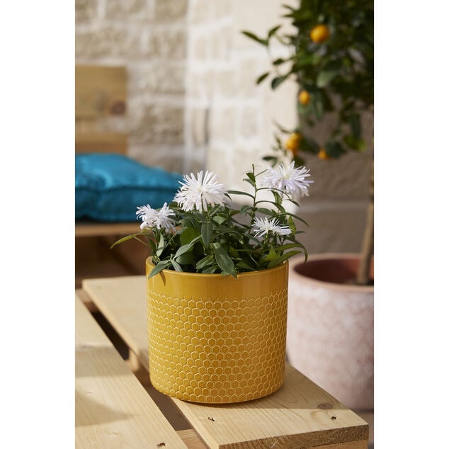 Pot de fleur jaune motif nid d'abeille Capri &Oslash;13,5x12,3cm 1,29L