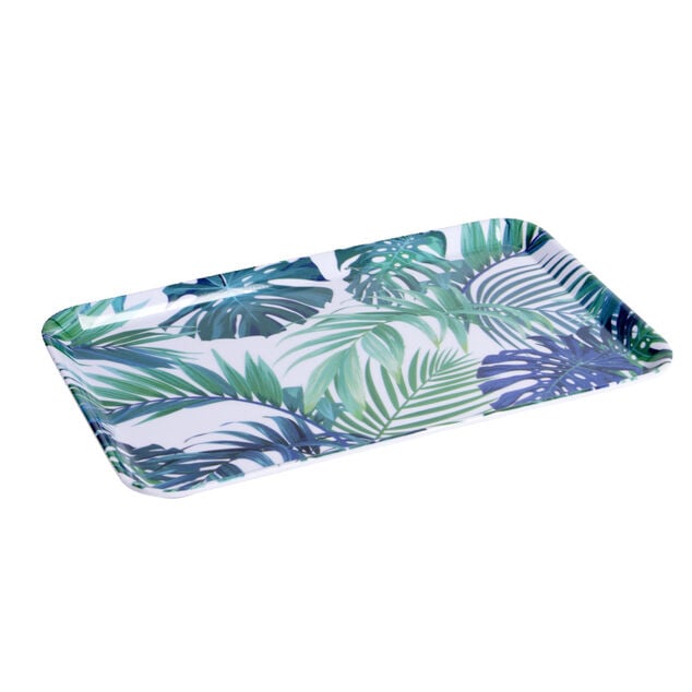 Plateau rectangulaire m&eacute;lamin&eacute; feuillage exotique blanc et bleu 19x30cm