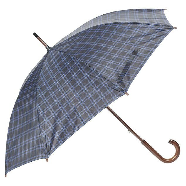 Parapluie canne &agrave; carreaux bleus et gris