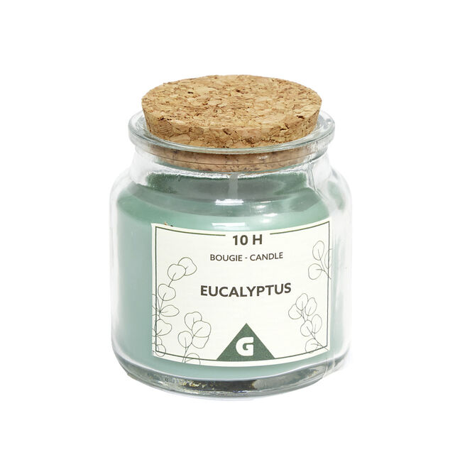 Bougie dans verre et bouchon li&egrave;ge &Oslash;6xH6,5cm (4 mod&egrave;les)