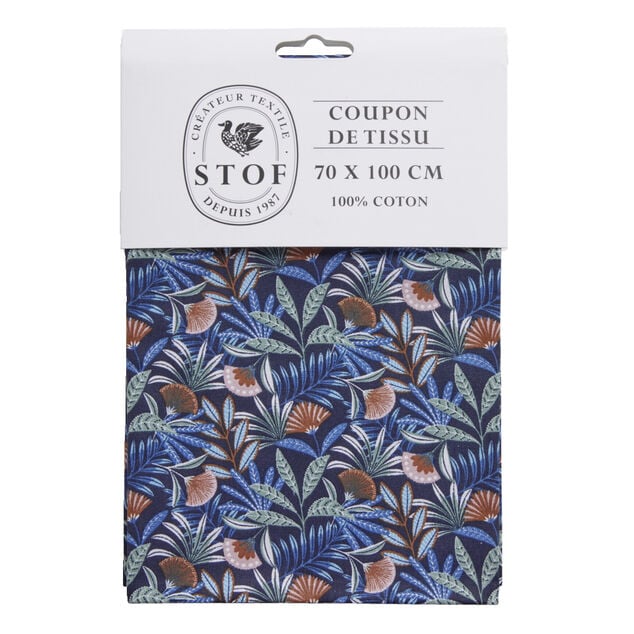Coupon tissu imprim&eacute; Cahuita 70x100cm coton bleu marine
