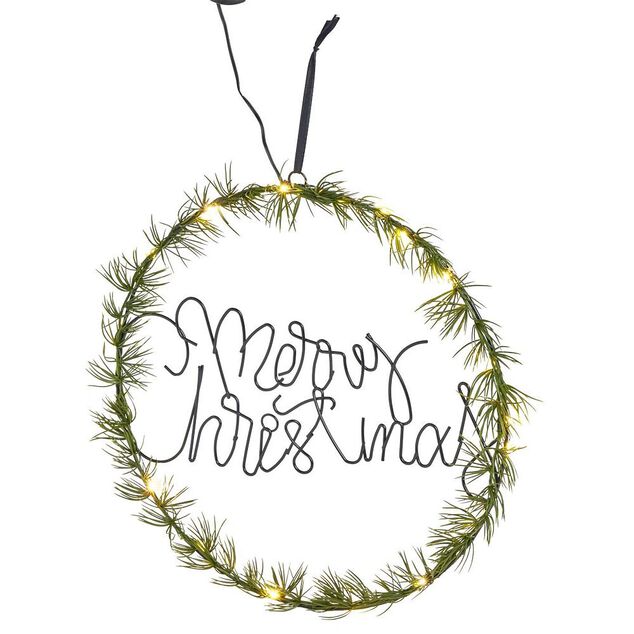 Couronne de No&euml;l lumineuse effet branche de sapin Merry Christmas 20LED blanc chaud &Oslash;36cm