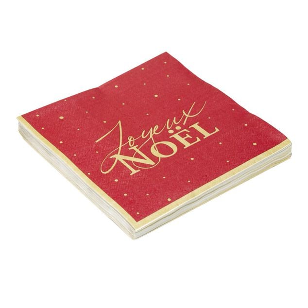 Serviette en papier 3 plis X20 pcs imprim&eacute; Joyeux No&euml;l 33X33 cm rouge liser&eacute; dor&eacute;