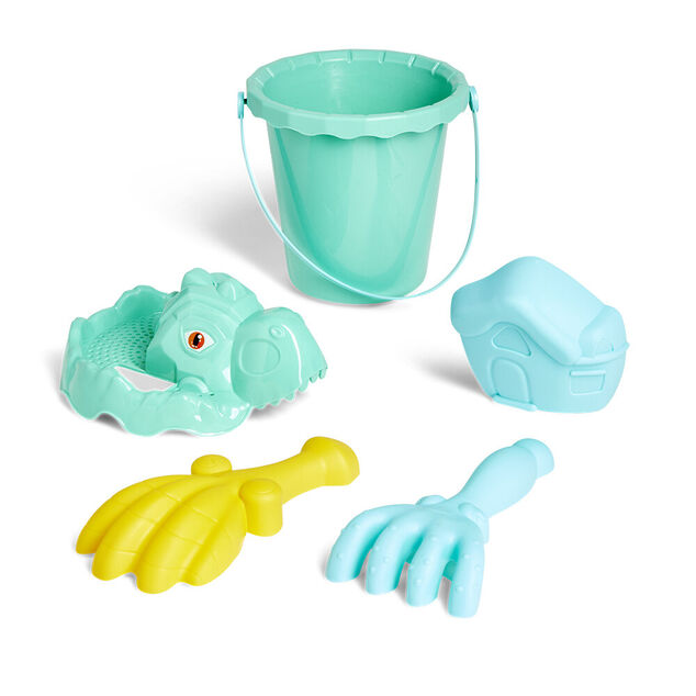 Seau de plage garni dinosaure 5 pi&egrave;ces vert bleu jaune