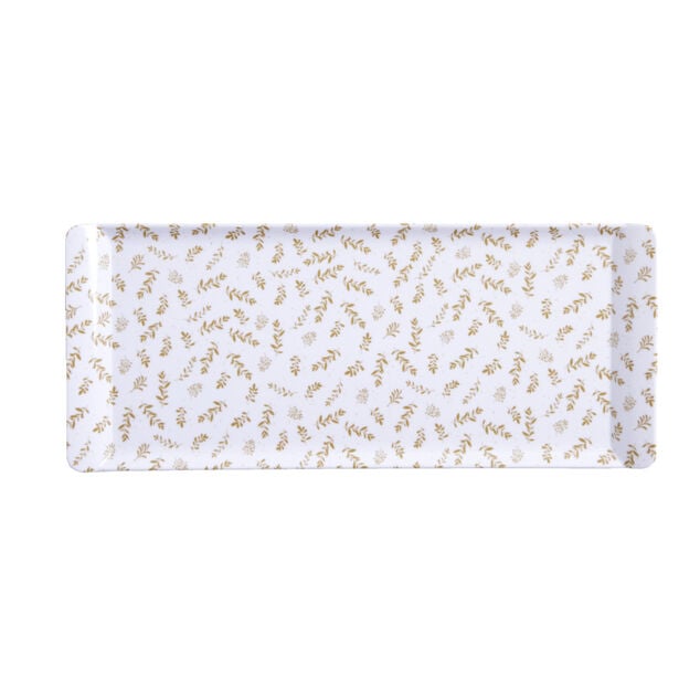 Plateau de service rectangulaire m&eacute;lamin&eacute; blanc motif feuillage dor&eacute; 18x37,5cm