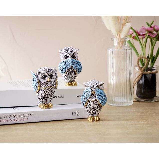 Hibou de la sagesse x3 en polyr&eacute;sine bleu et dor&eacute; H7cm