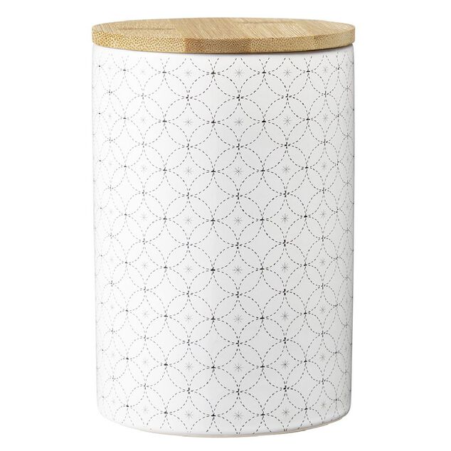 Pot en céramique blanc à motif gris avec couvercle en bois H14 cm