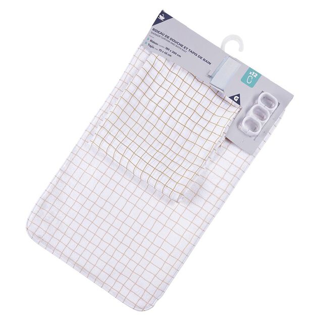 Rideau de douche 180xH200cm avec tapis de bain 75x45cm blanc