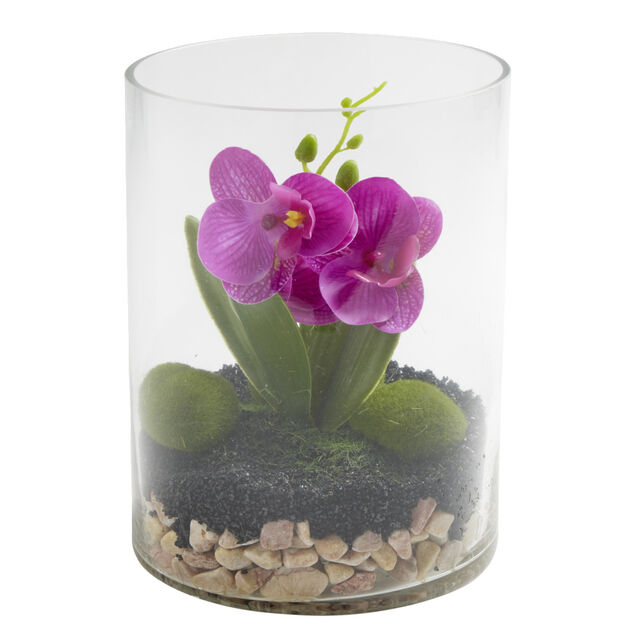 Vase en verre terrarium avec orchid&eacute;e artificielle &Oslash;15xH20cm (2 mod&egrave;les)