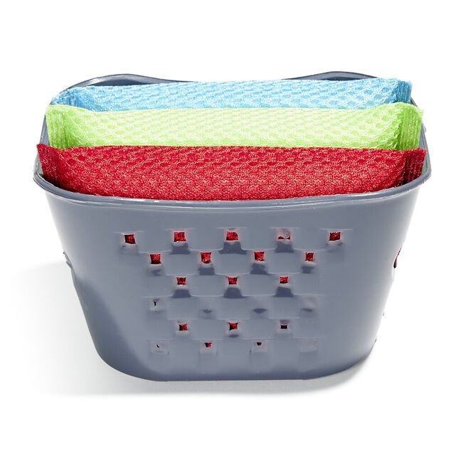 Set &eacute;ponge vaisselle x3 avec panier de rangement plastique gris
