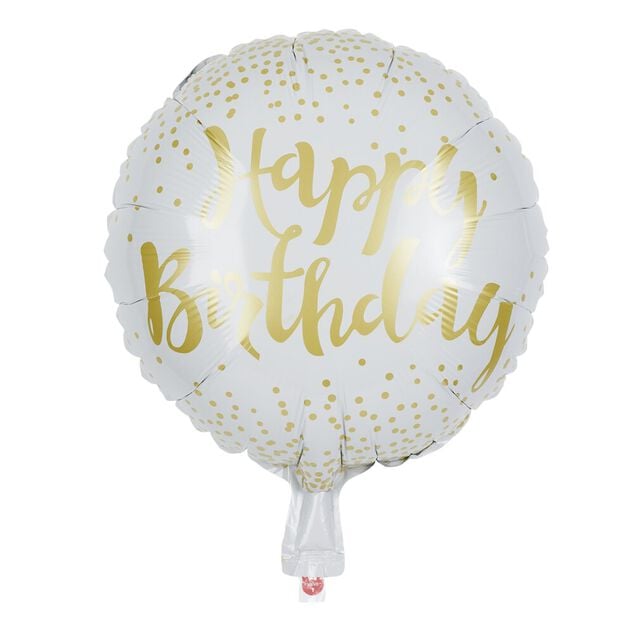 Ballon alu anniversaire Happy Birthday blanc et dor&eacute; &Oslash;45cm