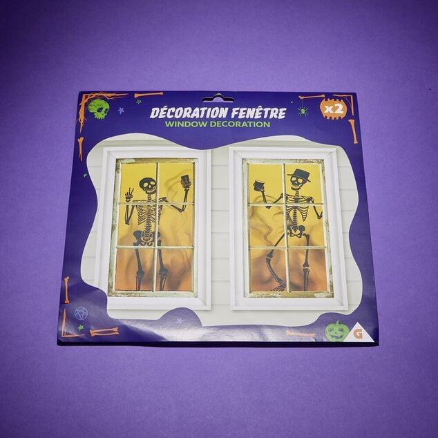D&eacute;coration de fen&ecirc;tre Halloween silhouette squelette 2 pi&egrave;ces 85xH165cm