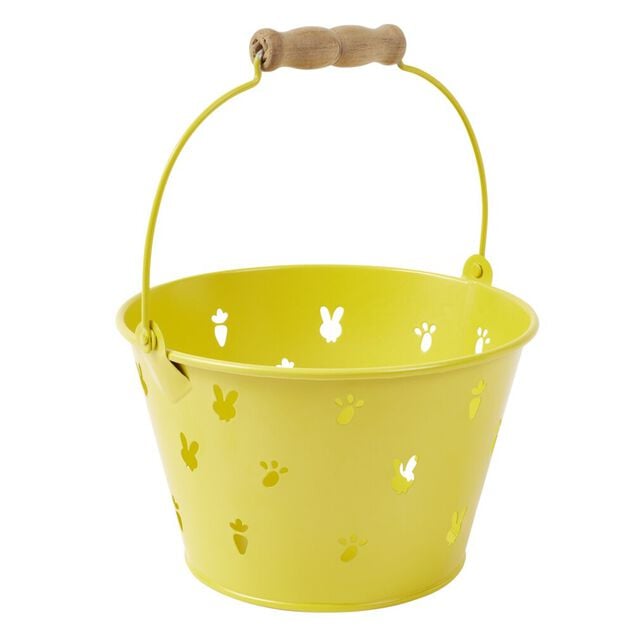 Seau perfor&eacute; d&eacute;cor lapin m&eacute;tal pastel et poign&eacute;e bois &Oslash;16xH10cm (3 mod&egrave;les)