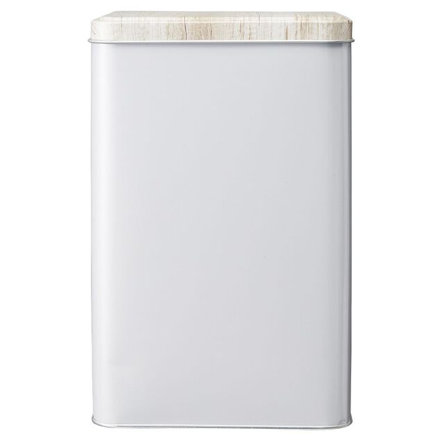 Boîte rectangulaire en métal gris avec couvercle effet bois