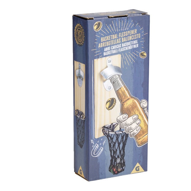 D&eacute;capsuleur mural basketball en bois 8x5xH20cm