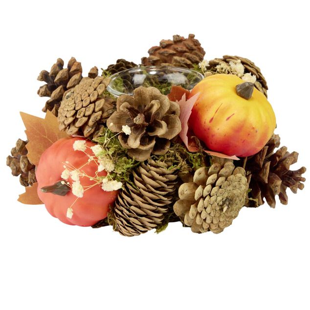 Bougeoir automne d&eacute;co mini citrouilles feuillage et pommes de pin &Oslash;19xH7,5cm