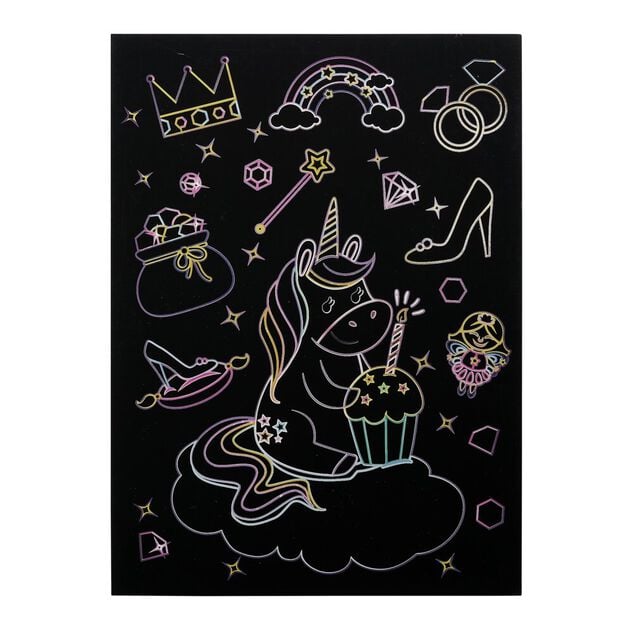 Lot de 6 feuilles &agrave; gratter th&egrave;me licorne avec stylet en bois