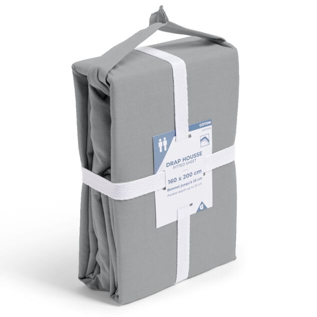 Drap housse 160x200cm 100% coton gris clair