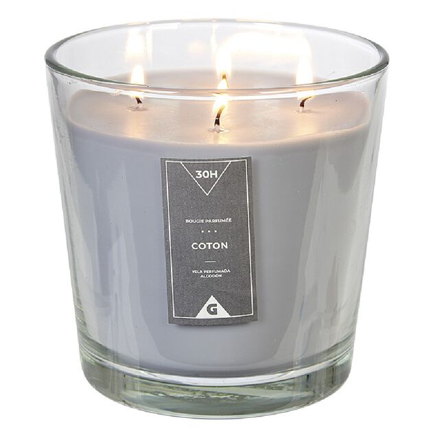 Bougie 4 m&egrave;ches senteur coton gris dans verre transparent