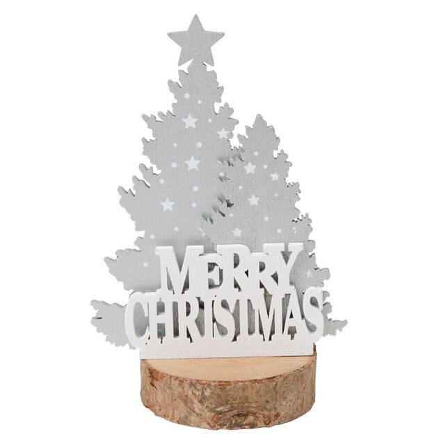 D&eacute;coration sapin de No&euml;l sur rondin de bois Merry Christmas &Oslash;6,2xH7,4cm