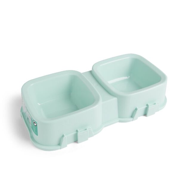 Gamelle double carr&eacute;e pour chien plastique vert - 31,8x16,6xH6,5cm