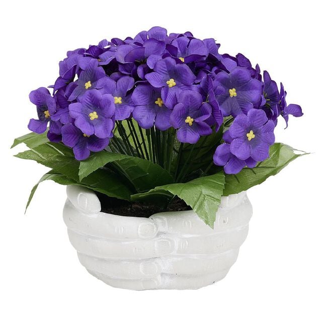 Fleurs artificielles dans vase en ciment forme mains &Oslash;26xH21cm