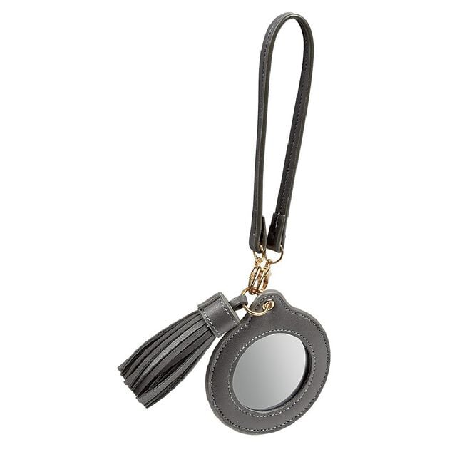 Porte-cl&eacute; miroir avec pompon gris ou beige