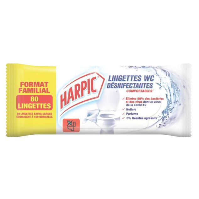 Lingettes WC x80 Harpic d&eacute;sinfectantes compostables extra large