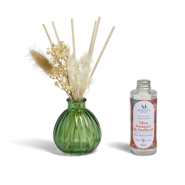 Diffuseur b&acirc;tonnets fleurs s&eacute;ch&eacute;es et recharge Mess&eacute;gu&eacute; musc sauge verveine 100ml